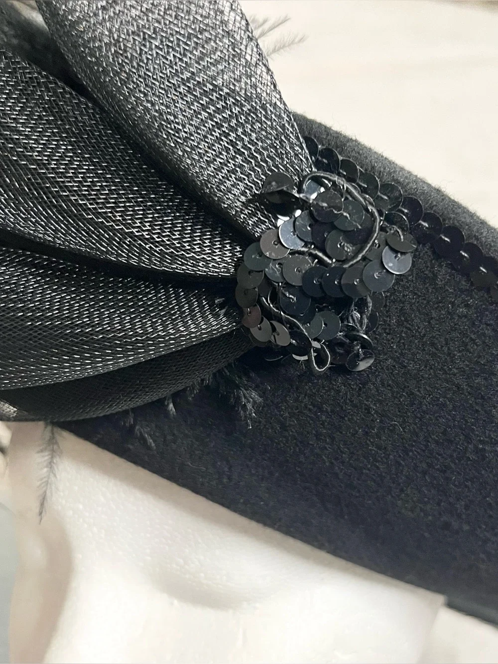 Vintage Black Wool Feathered Organza Fascinator Hat Derby Church Wedding Funeral